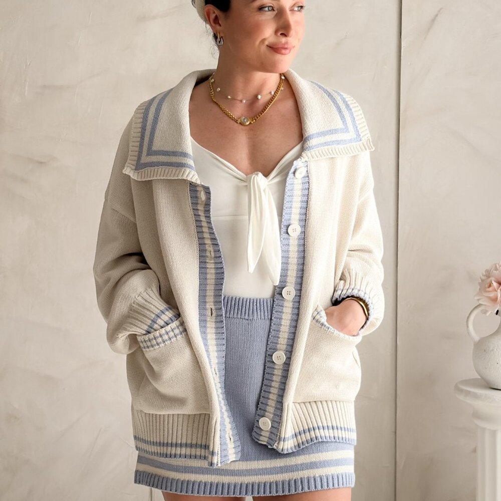 Women's Ivory Blue Striped Oversized Knit Cardigan Sweater